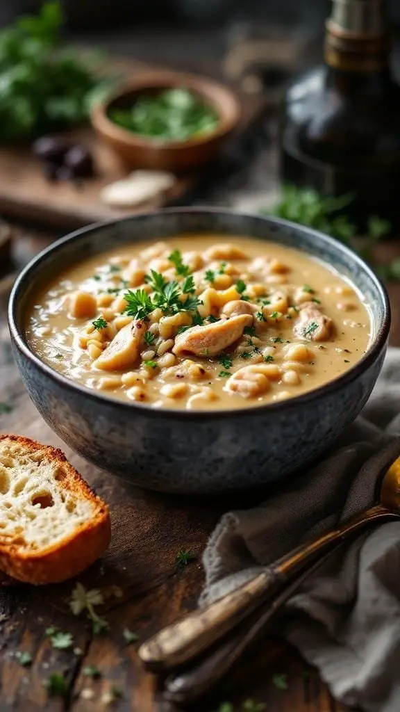 A bowl of creamy chicken wild rice soup garnished with parsley, served with a slice of bread.