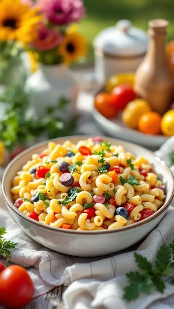 A bowl of creamy macaroni salad with colorful vegetables, surrounded by fresh ingredients and flowers.