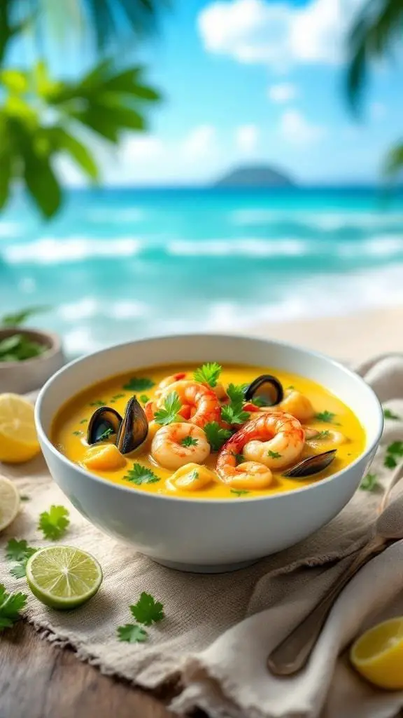 A bowl of creamy coastal seafood curry with shrimp and mussels, garnished with cilantro, set against a beach background.