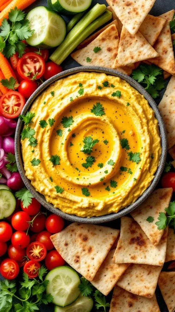 A bowl of creamy coconut curry dip surrounded by fresh vegetables and pita chips.