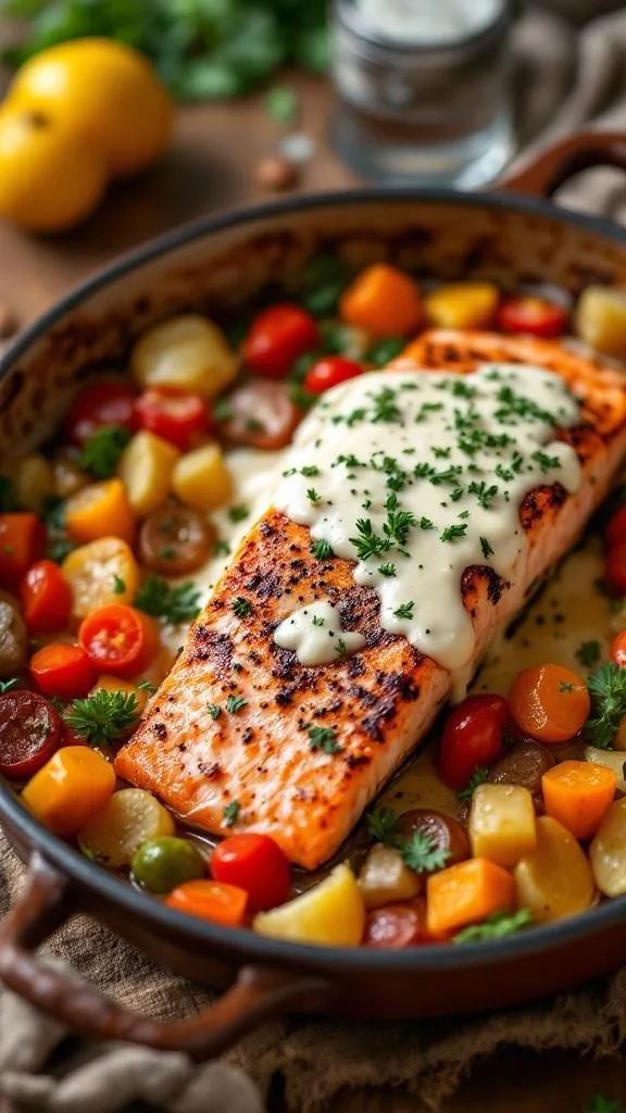 A delicious baked salmon fillet topped with creamy sauce and surrounded by colorful vegetables in a rustic dish.