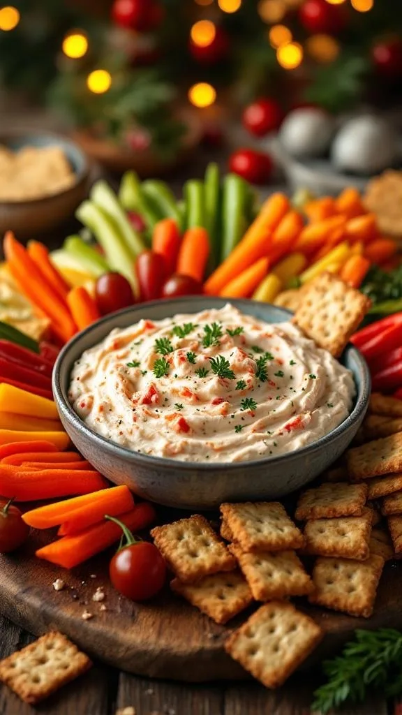A bowl of creamy crab dip surrounded by colorful vegetables and crackers.