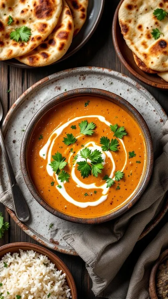 A bowl of creamy dal makhani garnished with cilantro, served with naan and rice.