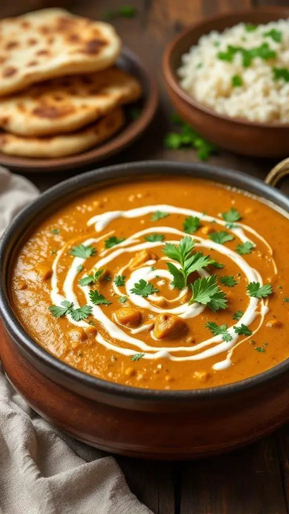A bowl of creamy dal makhani garnished with cream and cilantro, served with naan and rice.