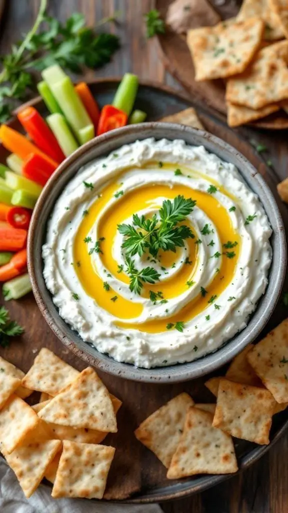 A bowl of creamy feta dip with olive oil drizzle, surrounded by fresh vegetables and crackers.