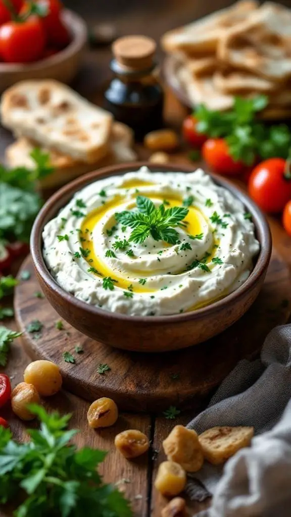 A bowl of creamy feta dip garnished with herbs and olive oil, surrounded by fresh vegetables and pita bread.