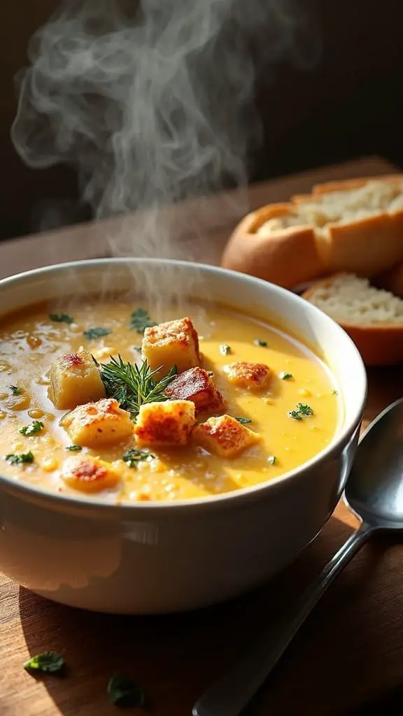 A bowl of creamy French onion soup with croutons and herbs, served with bread on the side.