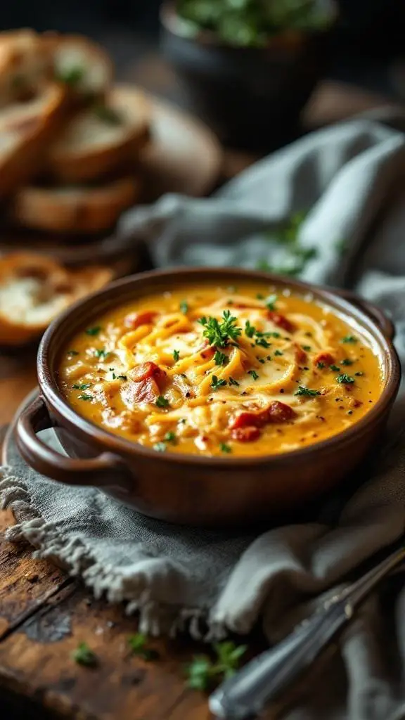 A bowl of creamy French onion soup garnished with herbs, served with toasted bread.