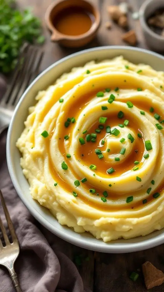 A bowl of creamy garlic mashed potatoes topped with chives and gravy.