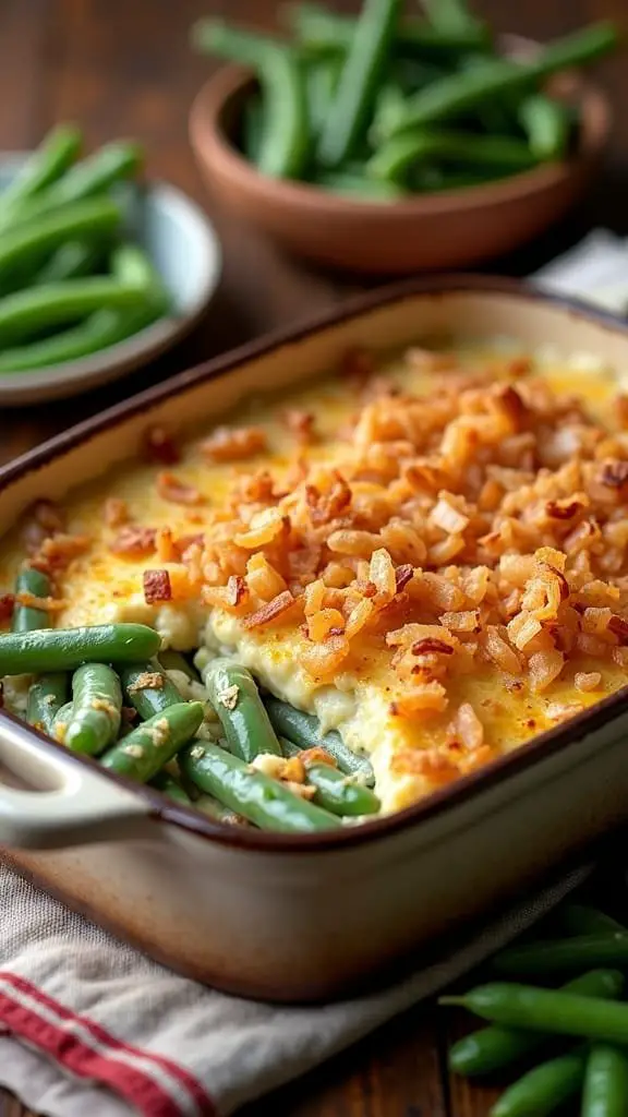 A creamy green bean casserole topped with crispy onions, surrounded by fresh green beans.