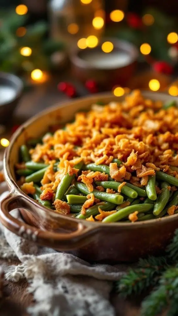 A delicious creamy green bean casserole topped with crispy onions