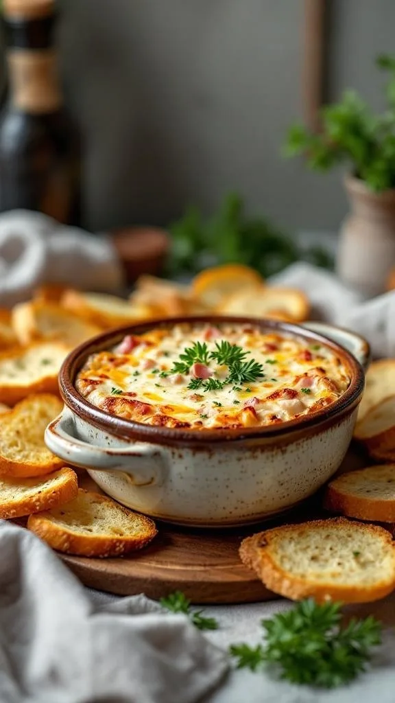 A bowl of creamy ham and Swiss dip surrounded by toasted bread slices.