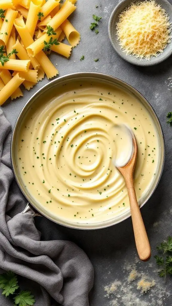 A bowl of creamy homemade Alfredo sauce with pasta and cheese