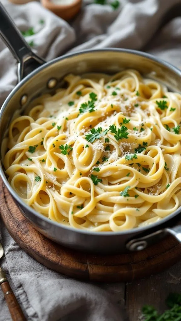 A pan of creamy homemade Alfredo sauce with fettuccine pasta, garnished with parsley.