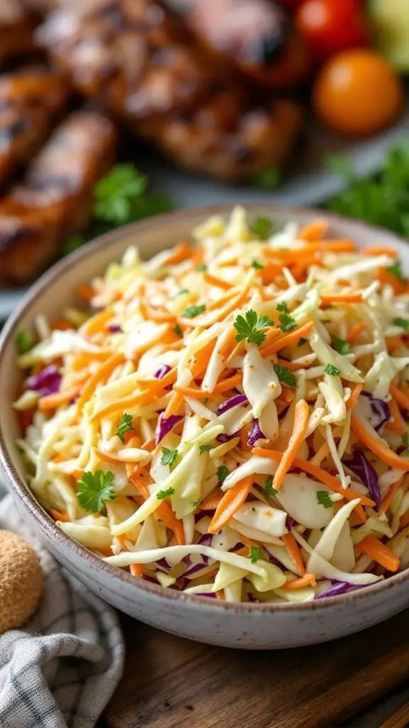 A bowl of creamy homemade coleslaw with shredded cabbage and carrots
