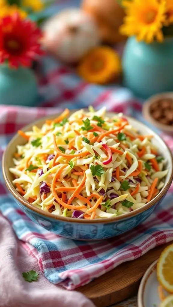 A bowl of creamy homemade coleslaw with colorful vegetables