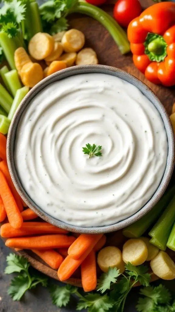 A bowl of creamy ranch dip surrounded by fresh vegetables