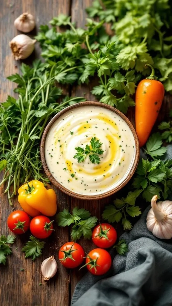 A bowl of creamy Italian dressing surrounded by fresh vegetables and herbs.