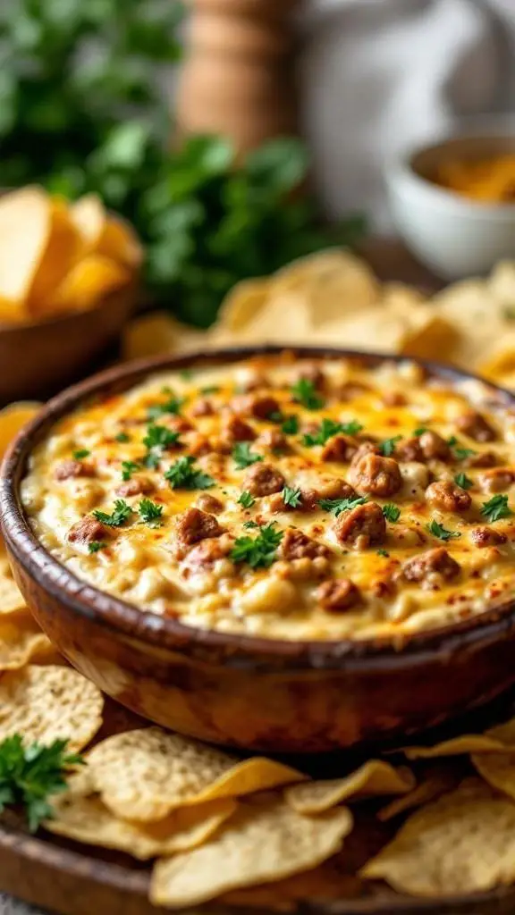 A bowl of creamy Italian sausage dip garnished with parsley, surrounded by tortilla chips.