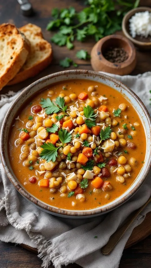 A bowl of creamy lentil and coconut stew garnished with fresh herbs, served with slices of bread.