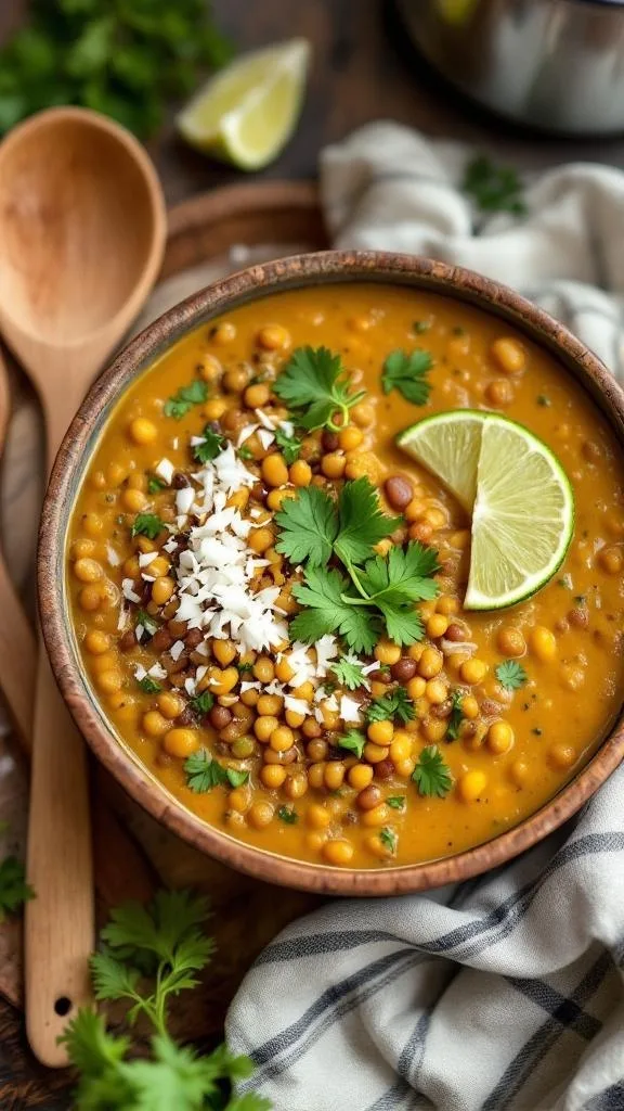 A bowl of creamy lentil and coconut dahl topped with cilantro and lime.
