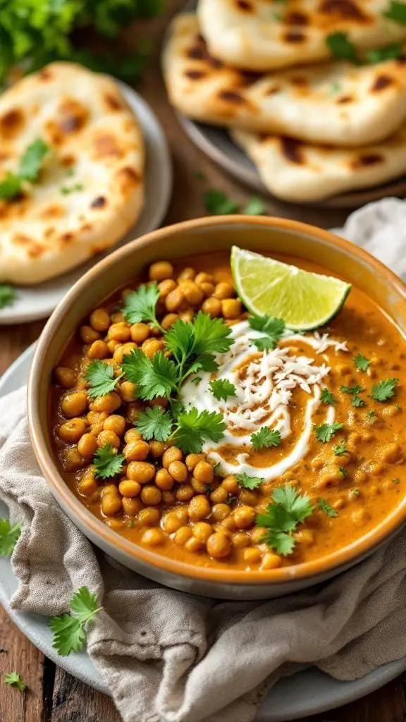 A bowl of creamy lentil and coconut dahl topped with cilantro, lime, and served with naan bread.