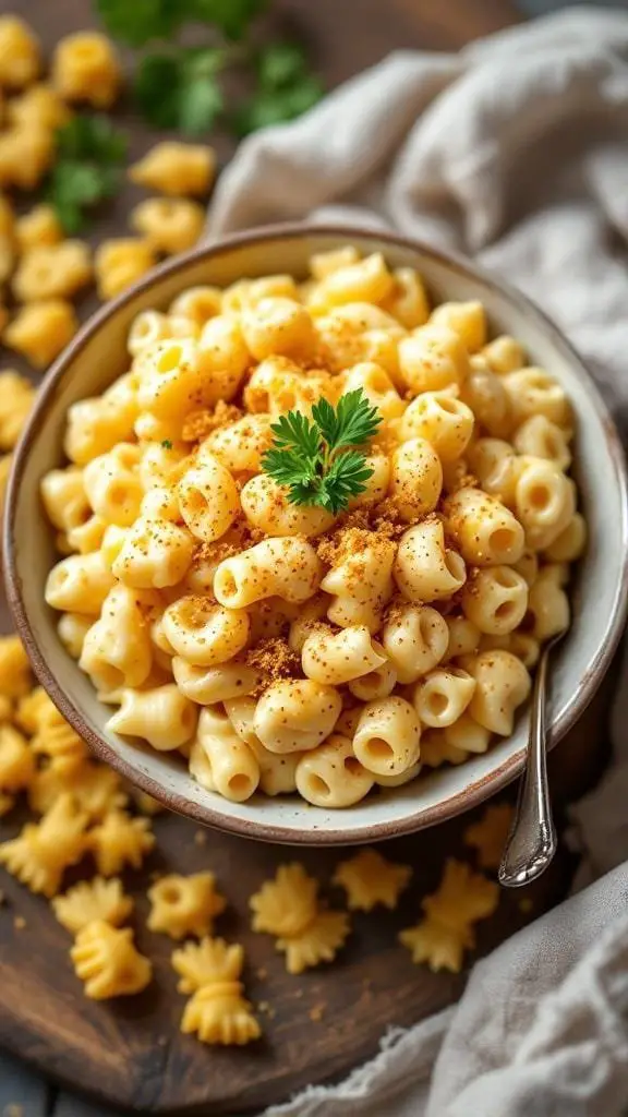 A bowl of creamy mac and cheese topped with breadcrumbs and parsley, surrounded by pasta shapes.