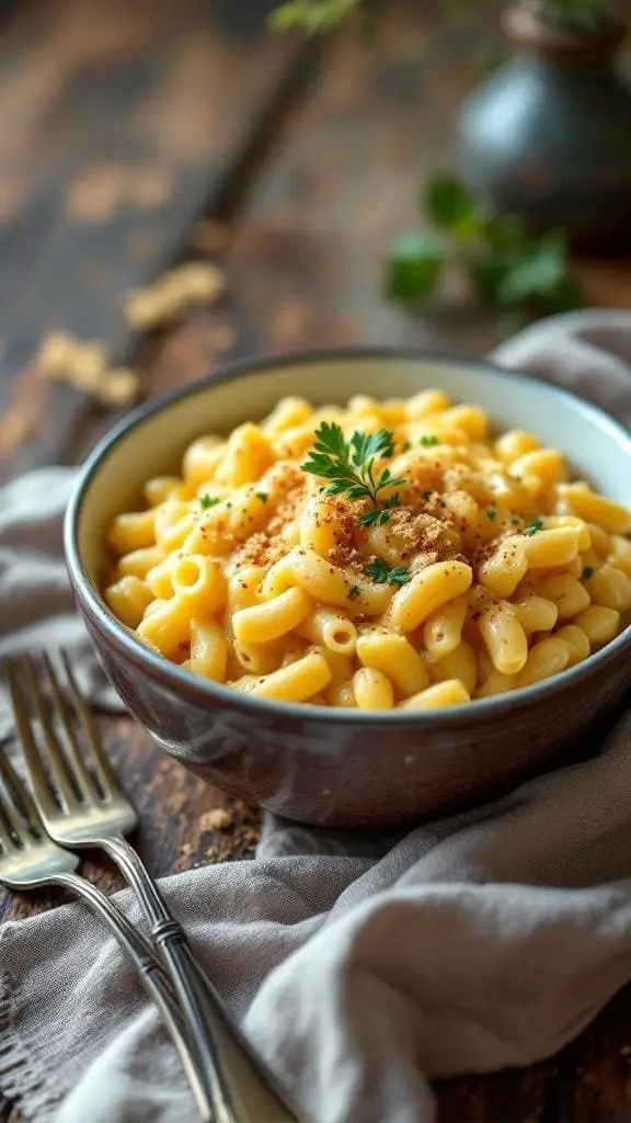 A bowl of creamy mac and cheese topped with parsley and breadcrumbs, served on a rustic wooden table.