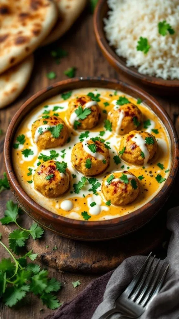 A bowl of creamy malai kofta with dumplings in a rich sauce, garnished with cilantro, served with rice and naan.