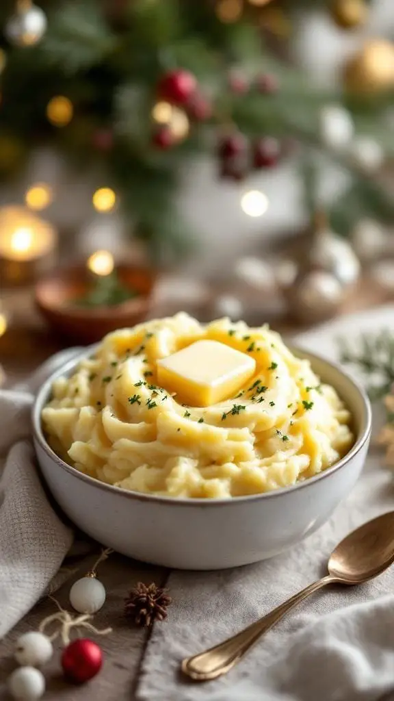 A bowl of creamy mashed potatoes topped with a pat of butter and garnished with herbs, set against a festive background.