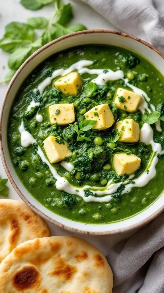 A bowl of creamy palak paneer with paneer cubes and naan on the side
