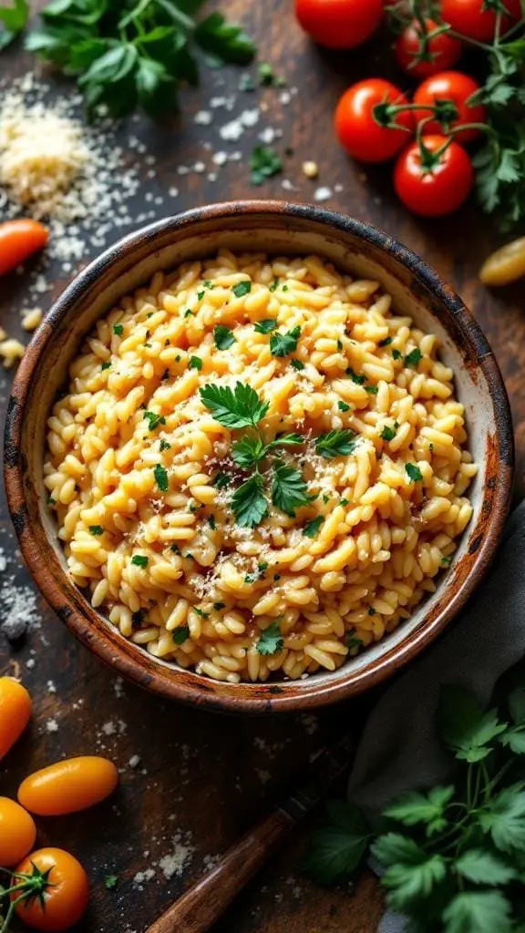 A bowl of creamy parmesan risotto garnished with parsley, surrounded by fresh tomatoes and herbs.