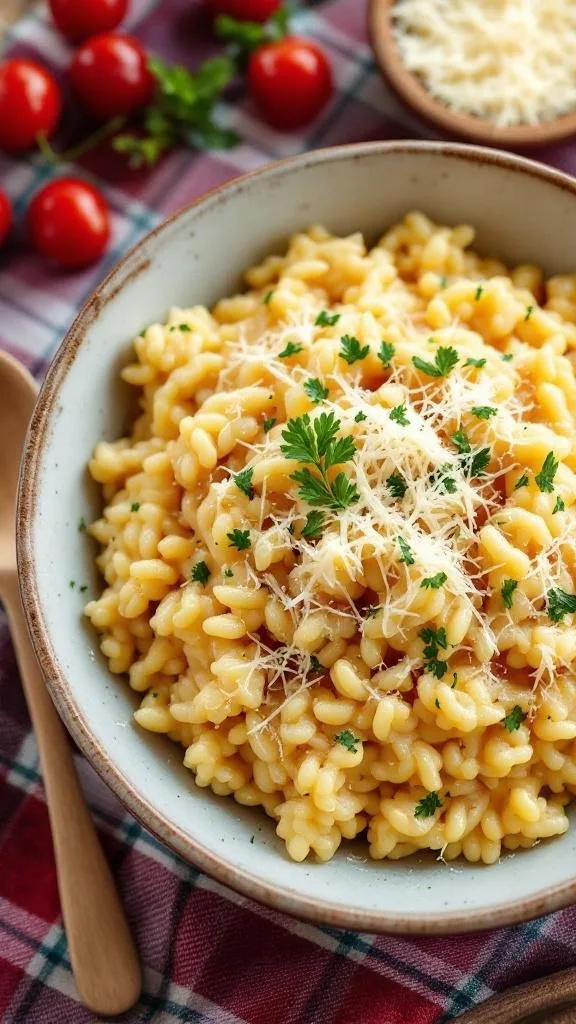 A bowl of creamy parmesan risotto topped with parsley and cheese, surrounded by cherry tomatoes.