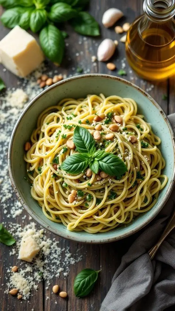 A bowl of creamy pesto pasta garnished with basil leaves and pine nuts, surrounded by ingredients like garlic, cheese, and olive oil.