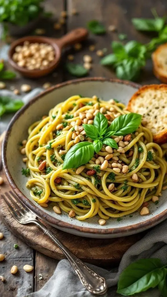 A plate of creamy pesto pasta topped with pine nuts and fresh basil.