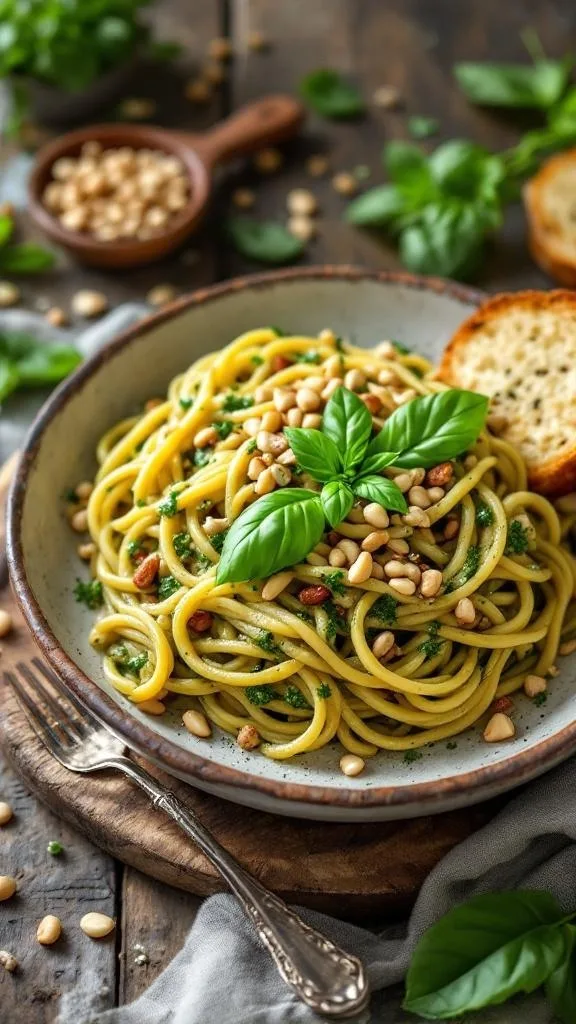 A plate of creamy pesto pasta topped with pine nuts and fresh basil.