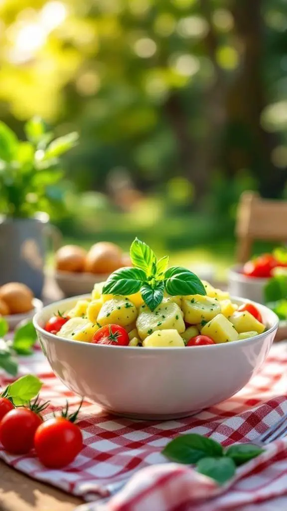 A bowl of creamy pesto potato salad with cherry tomatoes and fresh basil on a picnic table
