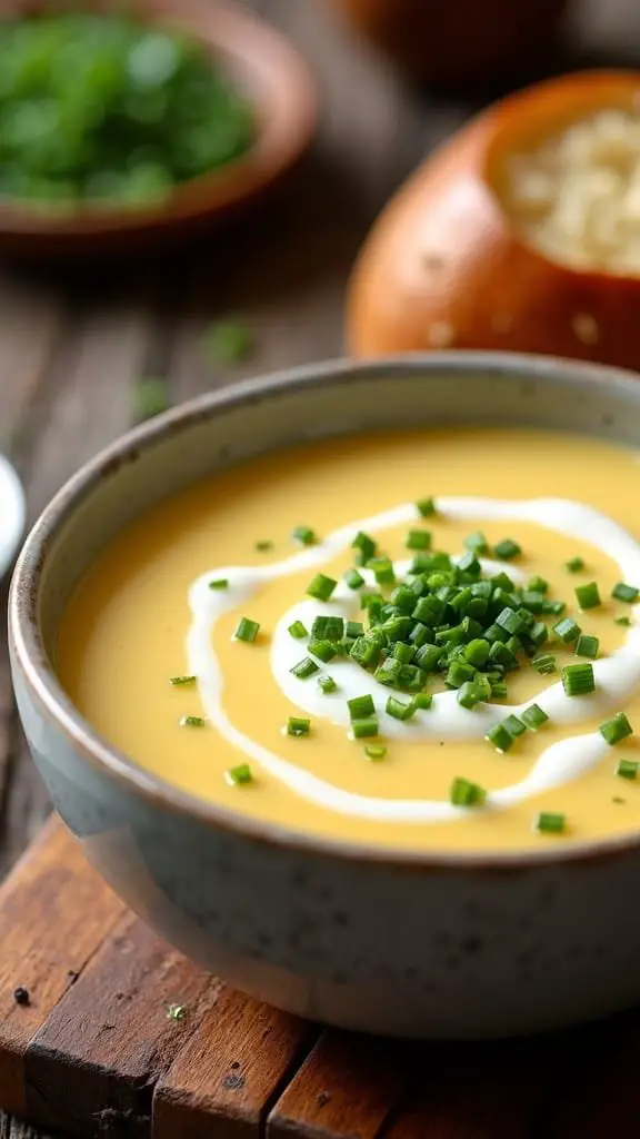 A bowl of creamy potato soup topped with chives and a swirl of cream.