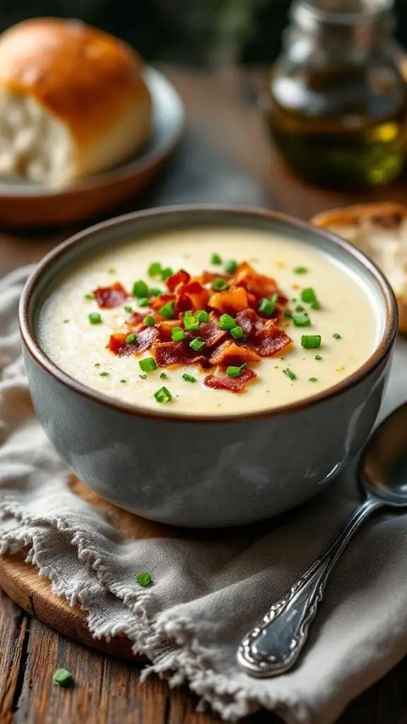 A bowl of creamy potato soup topped with bacon and chives, served with a roll on the side.