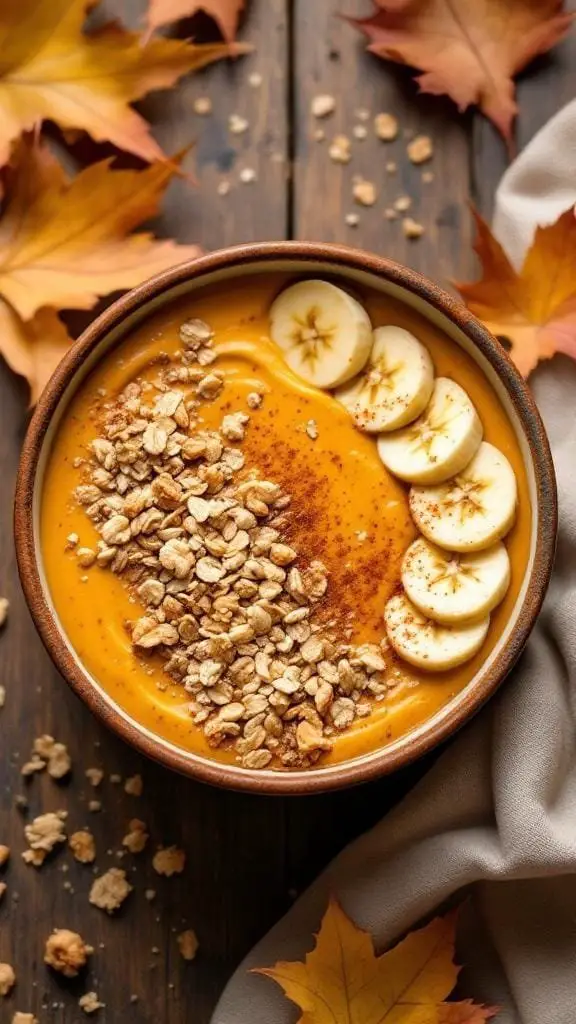 A creamy pumpkin spice smoothie bowl topped with banana slices and granola, surrounded by autumn leaves.