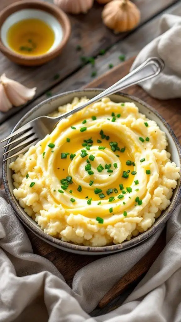 A bowl of creamy roasted garlic mashed cauliflower topped with chives.
