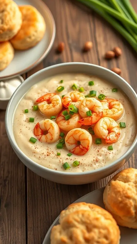 A bowl of creamy shrimp and grits topped with green onions and served with biscuits on the side.