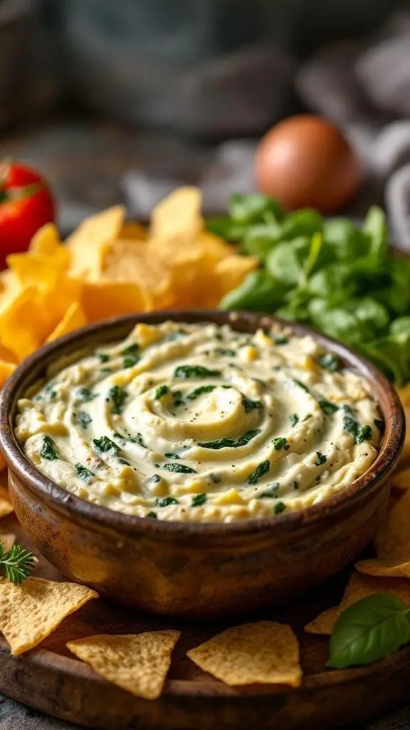 A bowl of creamy spinach artichoke dip surrounded by tortilla chips and fresh spinach.