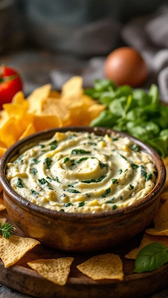 A bowl of creamy spinach artichoke dip surrounded by tortilla chips and fresh spinach.