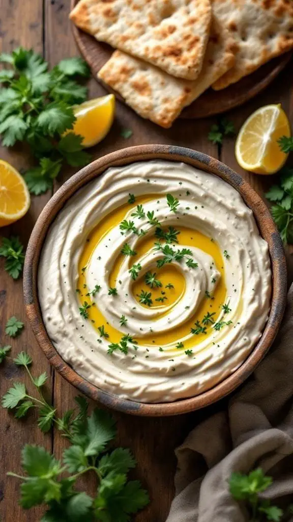 A bowl of creamy tahini sauce garnished with herbs and served with pita bread and lemon slices.
