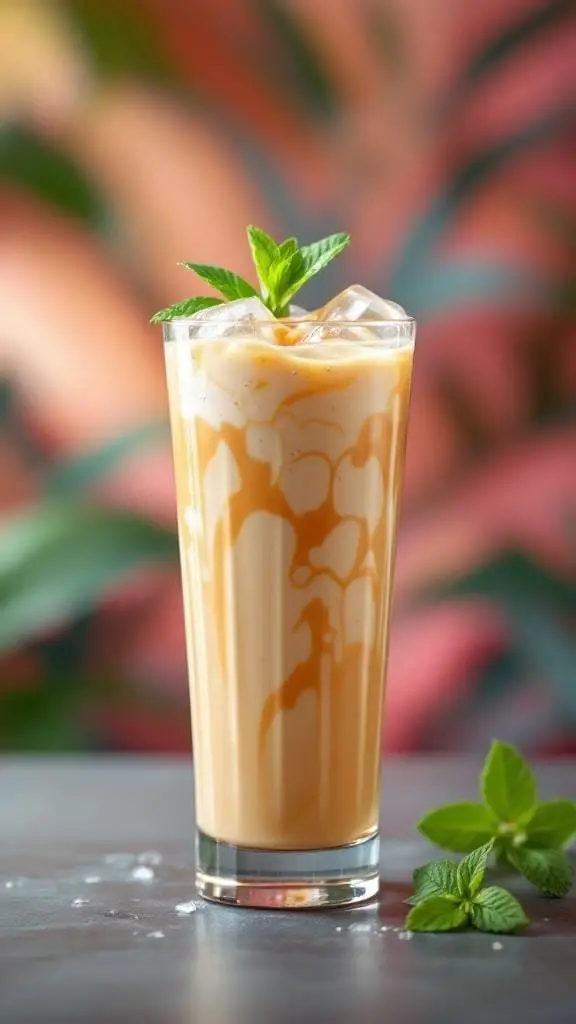 A tall glass of creamy Thai iced tea garnished with mint leaves