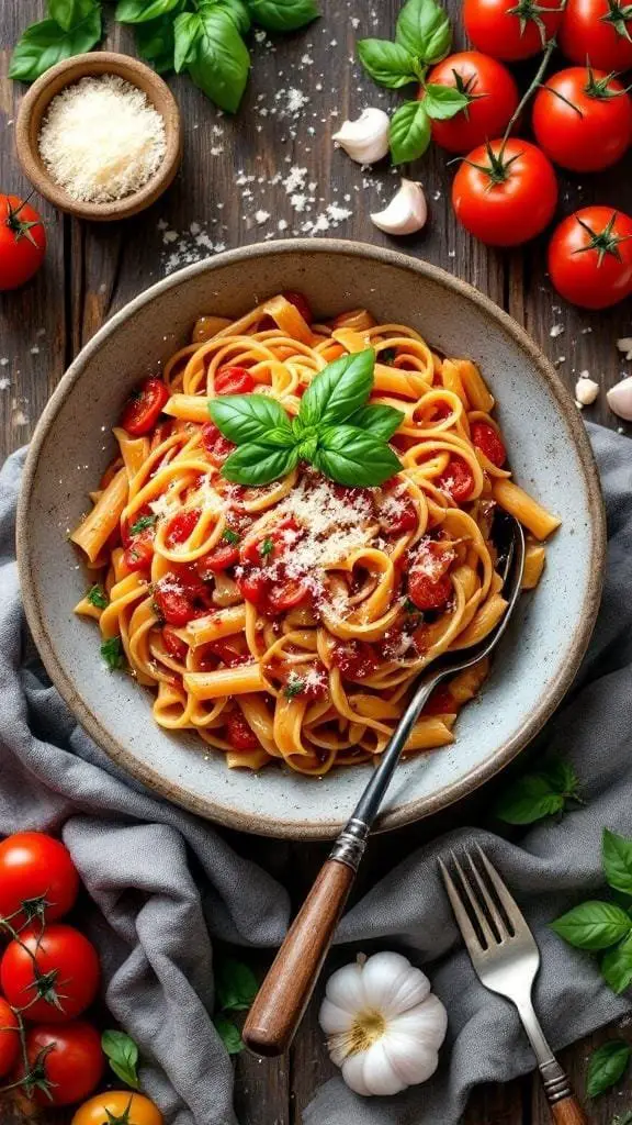 A bowl of creamy tomato pasta garnished with basil and surrounded by fresh tomatoes and garlic.