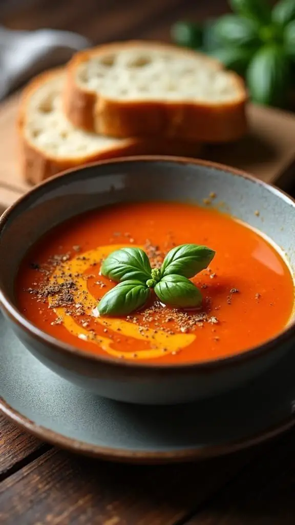 A bowl of creamy tomato soup garnished with basil leaves, served with slices of bread.