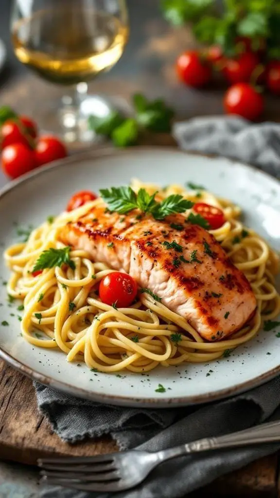 Creamy Tuscan Salmon Pasta served on a plate with cherry tomatoes and parsley