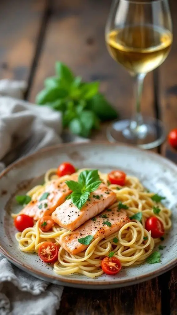 A plate of creamy Tuscan salmon pasta with cherry tomatoes and a glass of white wine